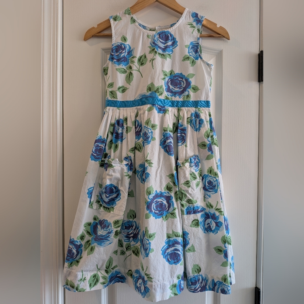 Mini Boden Floral Blue White Dress Cotton Girls Size 10 Church Formal Summer